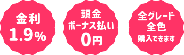 金利1.9%　頭金・ボーナス払い0円　全グレード・全色購入できます
